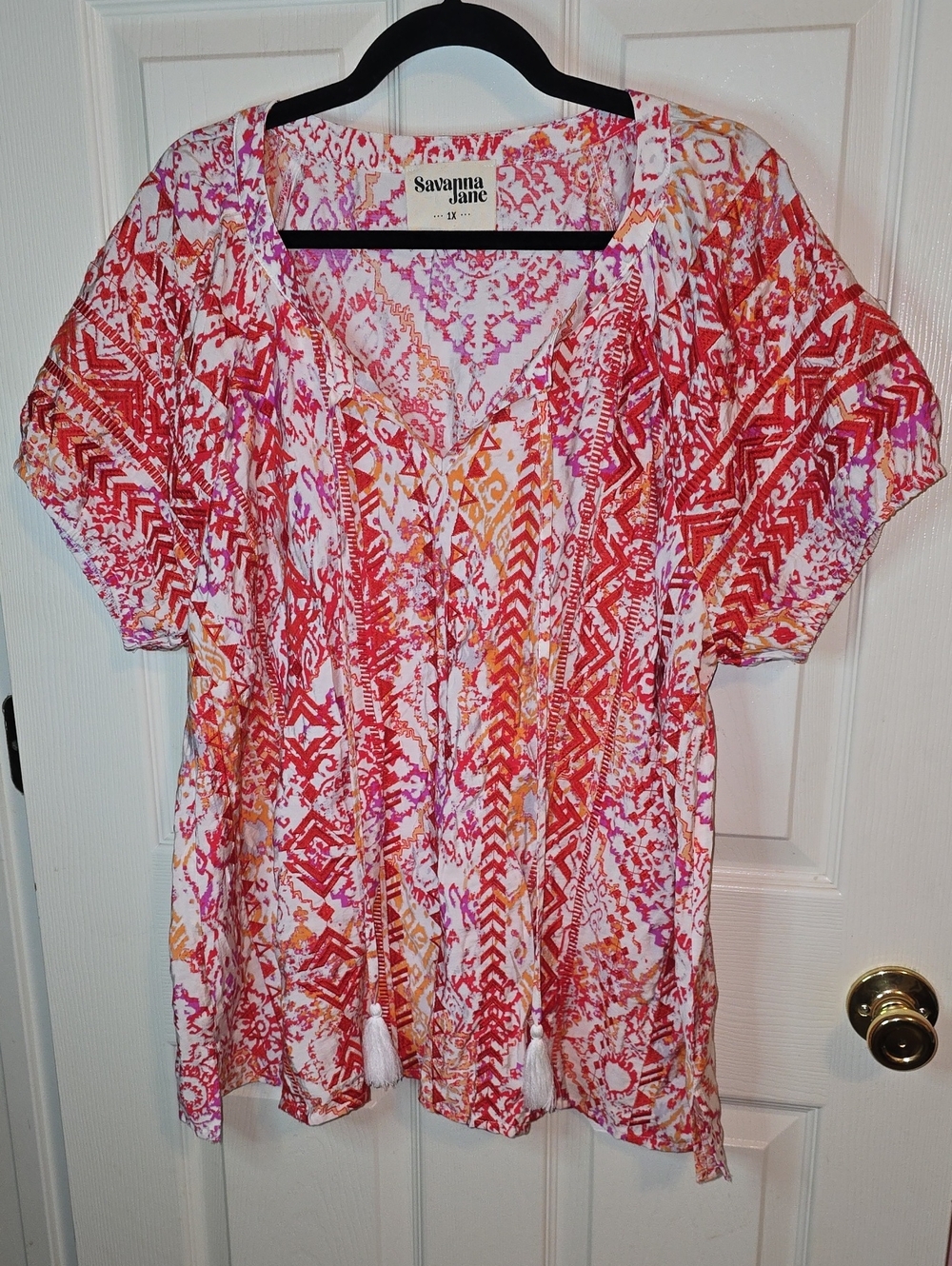 Savanna Jane Pink, Orange & White Geometric V-Neck Tunic with Tassels